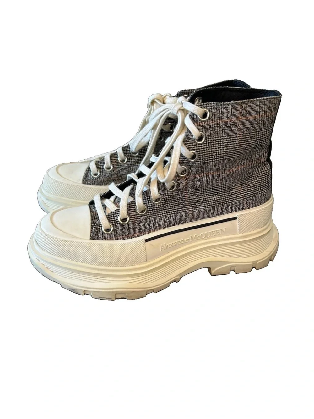 Alexander McQueen Tread Slick High Top Sneakers 37.5 Grey Tweed Platform